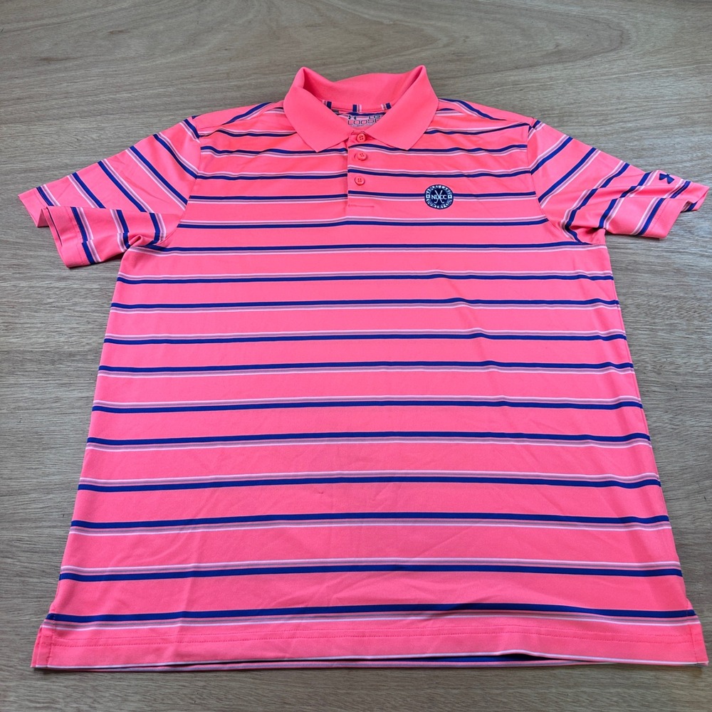 Under Armour Polo Shirt Mens Large Neon Orange Striped Golf HeatGear Loose Fit
